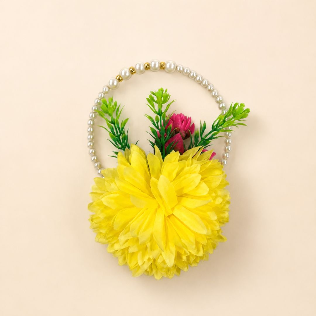 Set of 5 Yellow Pearl Handle Floral Decorative Accessories for Hamper & Trousseau Packing
