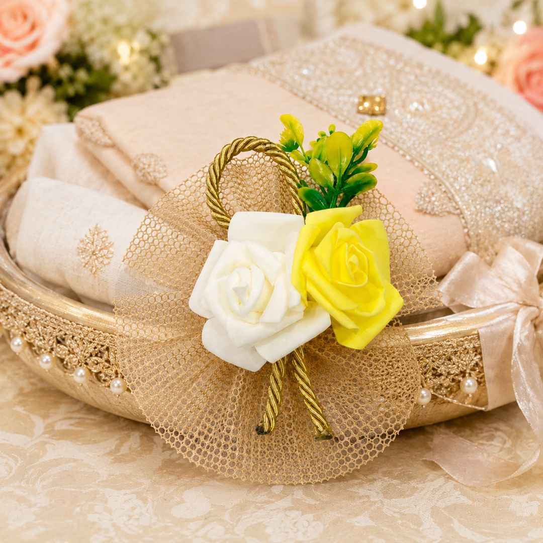 Pack of 5 Yellow & White Rose Net Decorative Accessories for Hamper Packing