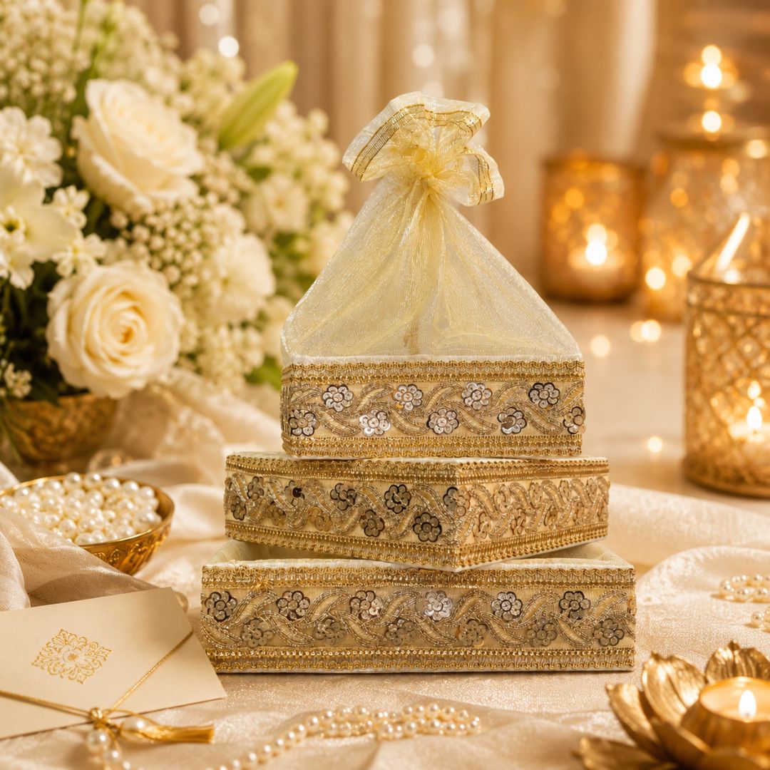 Set of 3-Ivory Gold Embroidered Wedding Hamper Basket Set