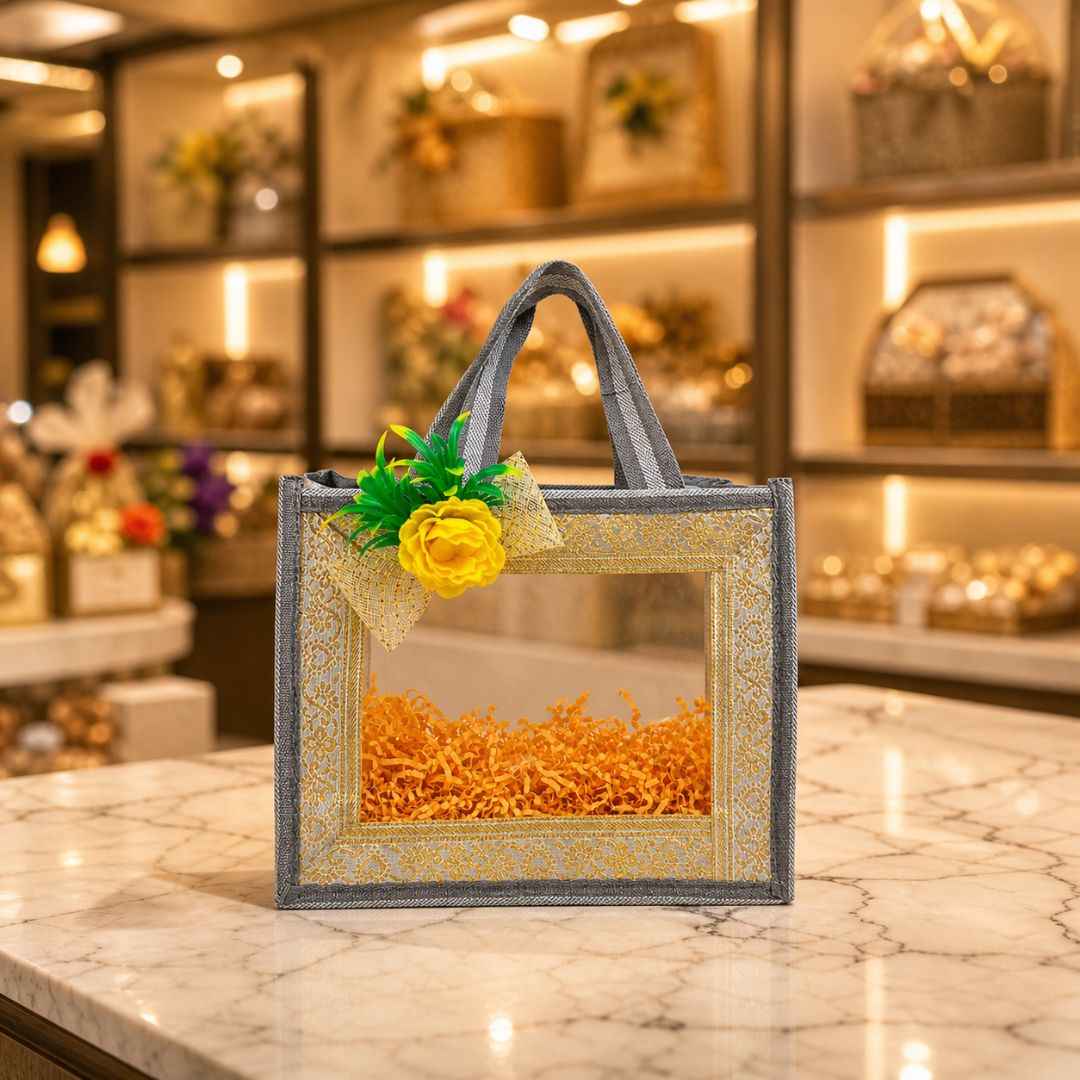 (Set of 5)Premium Grey Transparent Jute Gift Bag with Golden Lace Frame & Floral Decoration (10 x 14 Inches)