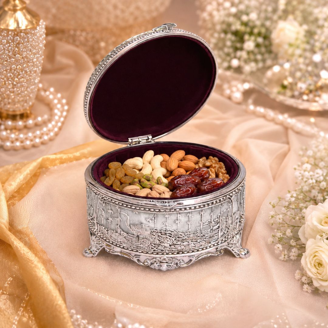 Adscraft Royal Peacock German Silver Jewelry & Dry Fruit Box with Velvet Lining (3 Inch)