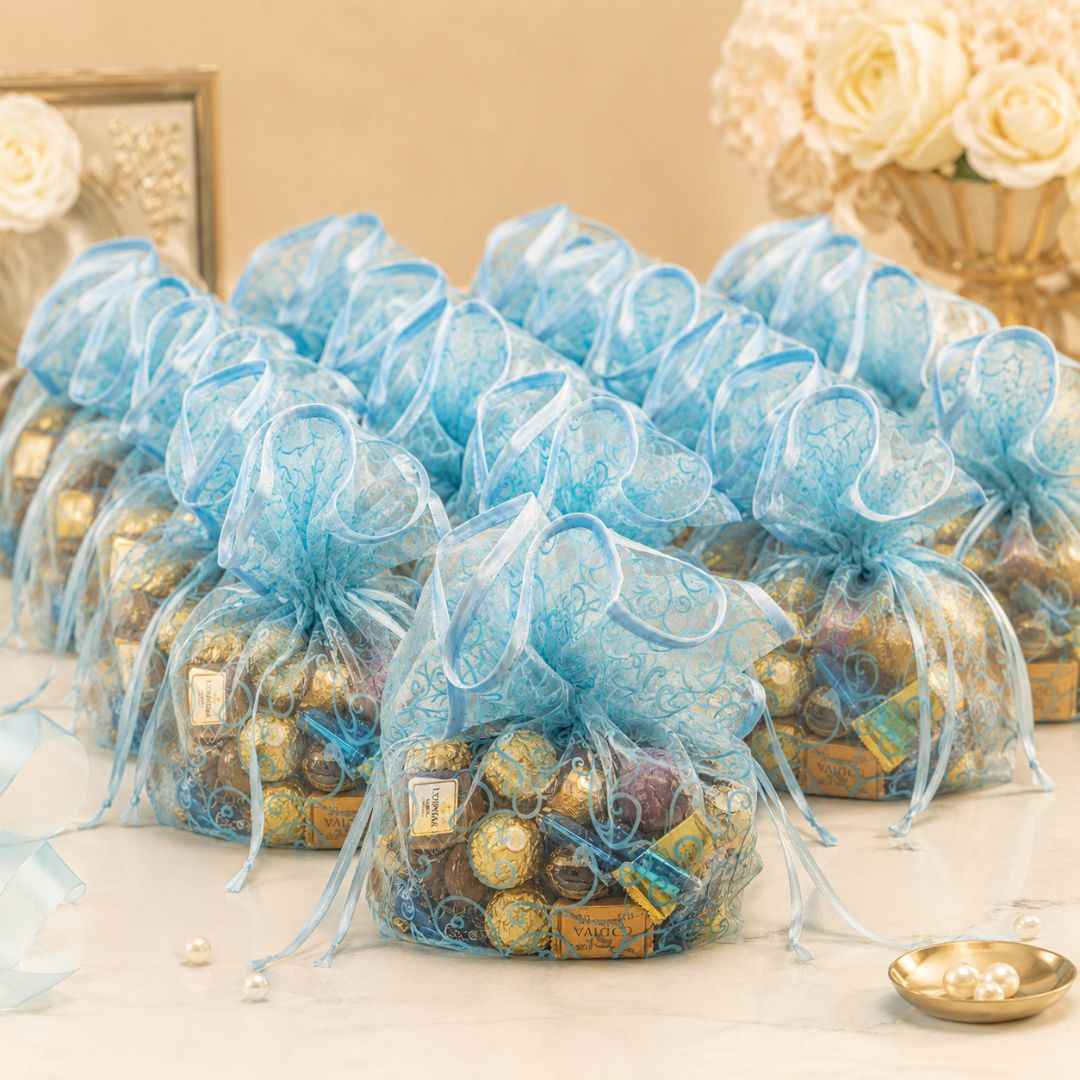 Sky Blue Organza Potli Gift Bag Pack of 5