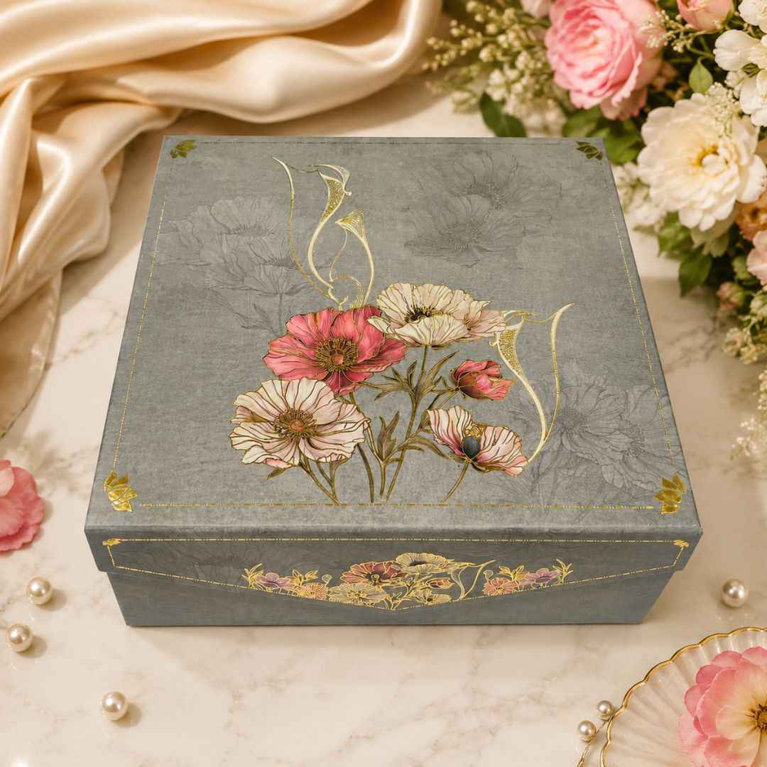 Pack of 5 Grey Floral Printed Square Gift Box – Premium Gift & Hamper Packaging Box