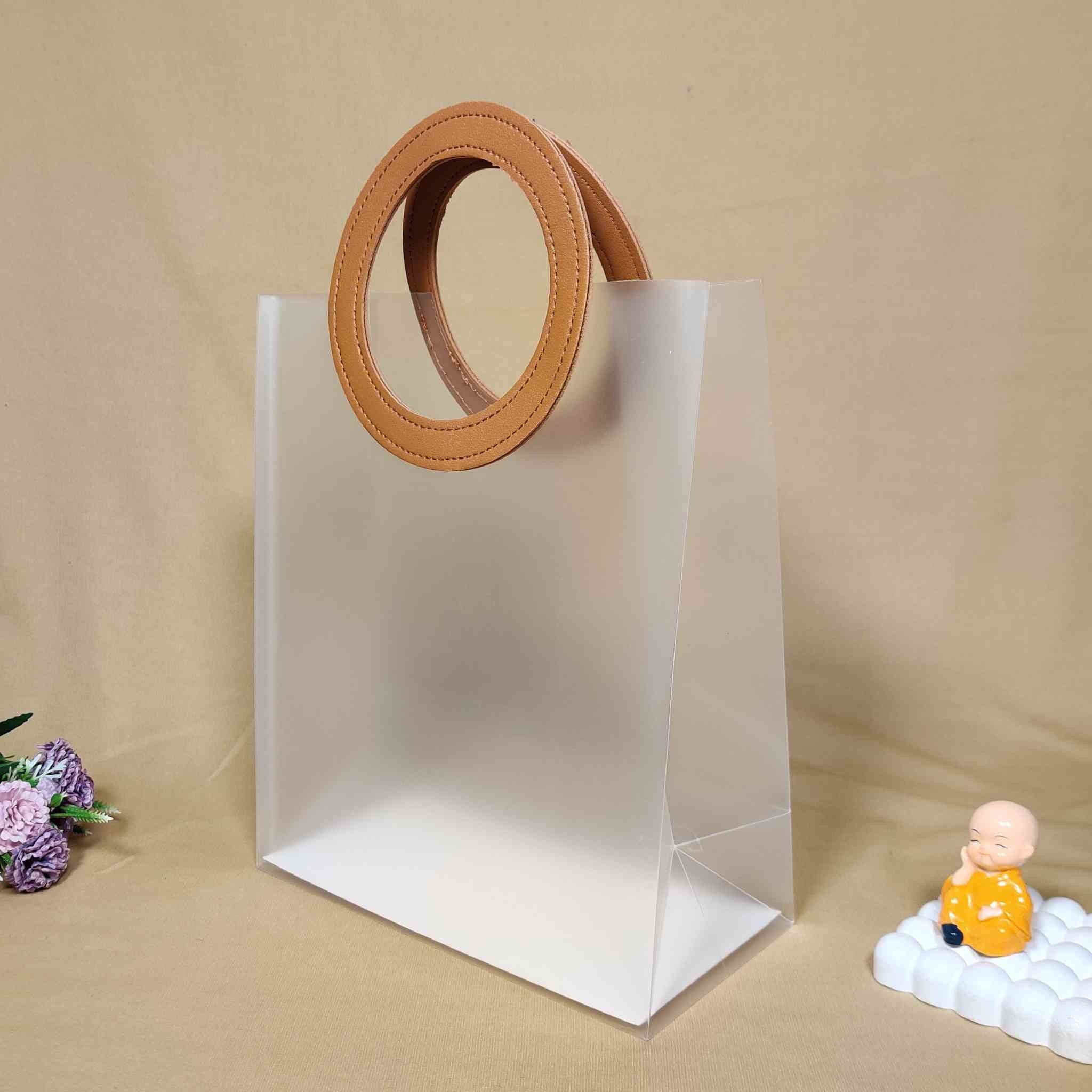 Brown Handle Transparent Bag For Gift Hamper (10x9 inches)