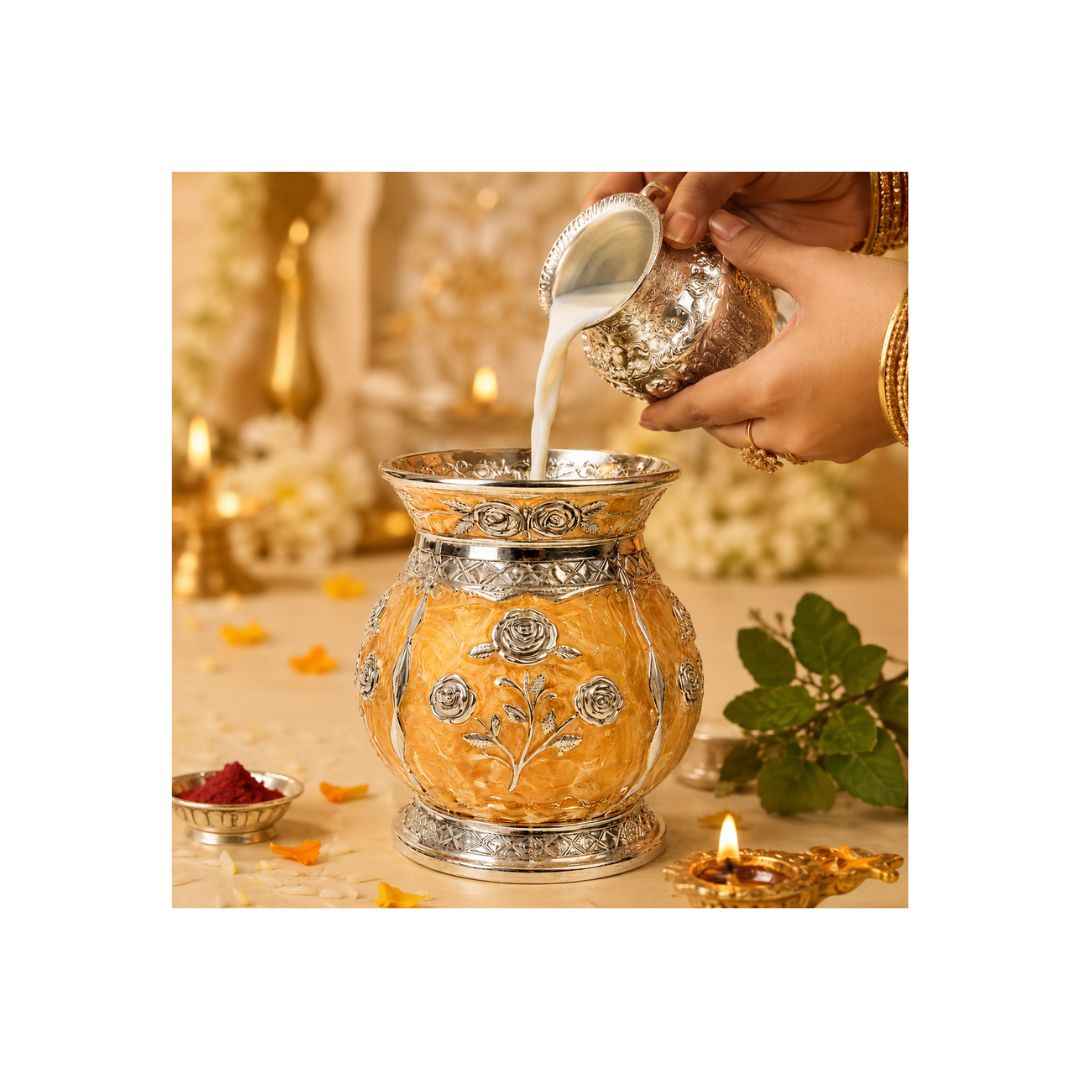 German Silver Floral Kalash with Yellow Enamel Work