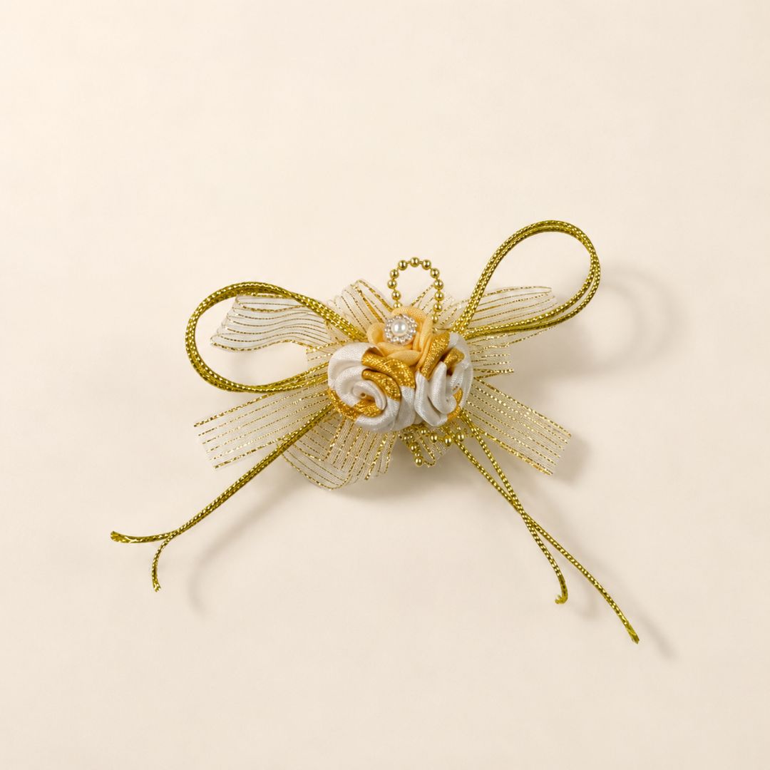Set of 5 Golden & White Ribbon Floral Decorative Accessories for Hamper Packing