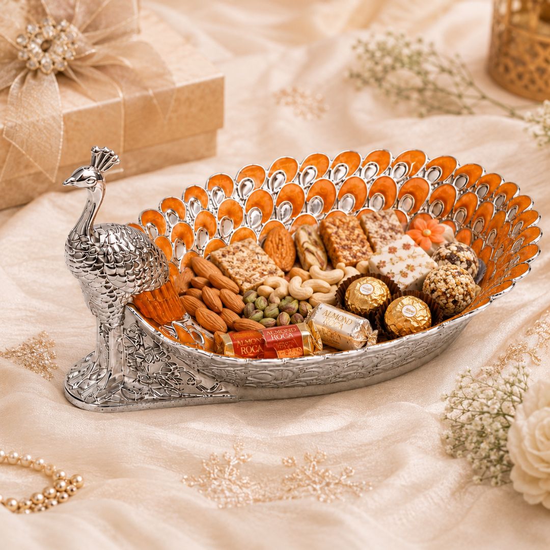 Peacock-Shaped German Silver Tray with Orange Enamel (8 Inch) – Luxury Dry Fruit & Gifting Tray