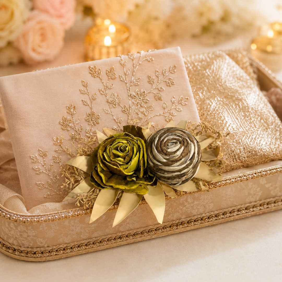 Set of 5 Olive Green & Natural Floral Decorative Accessories for Hamper & Trousseau Packing