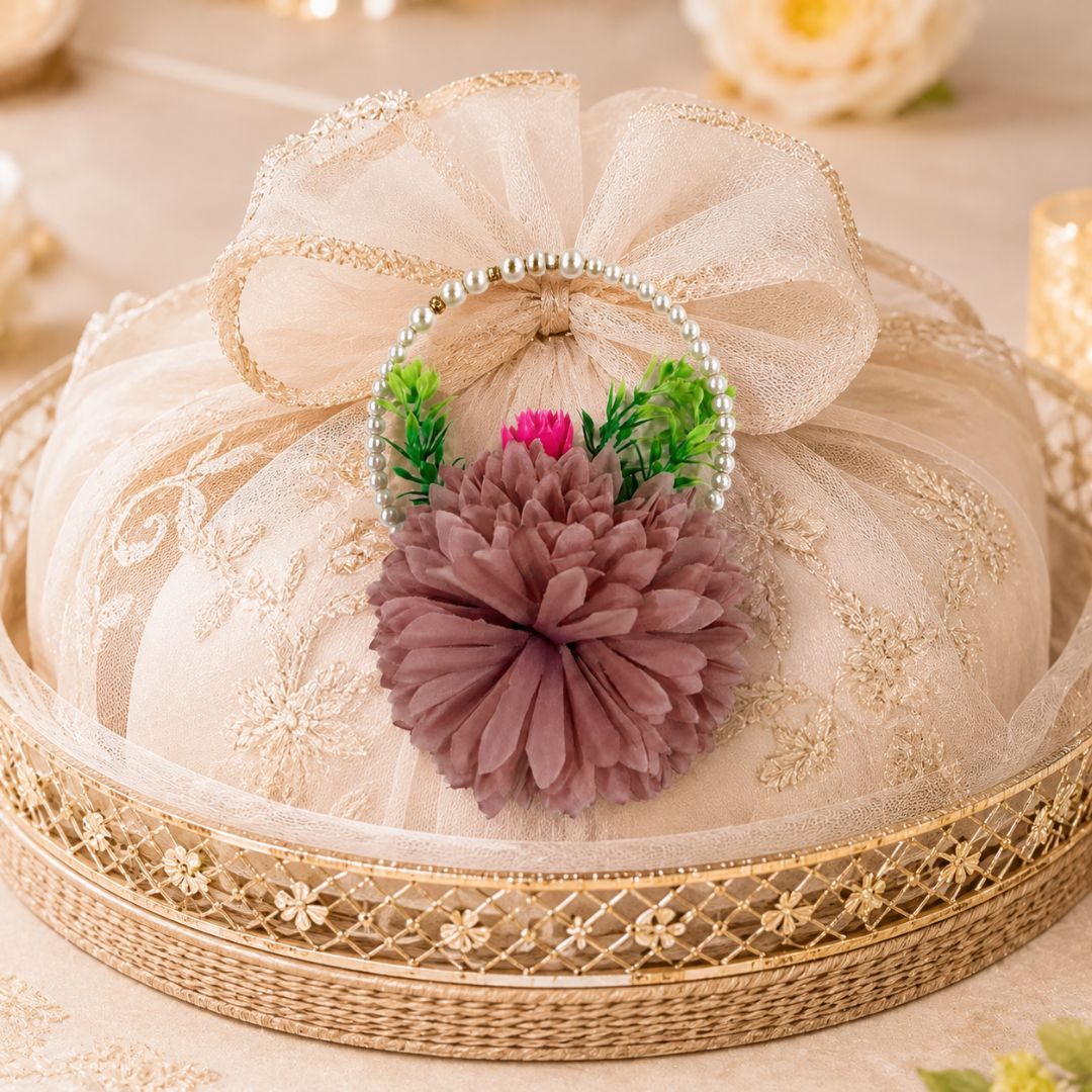 Set of 5 Mauve Pearl Handle Floral Decorative Accessories for Hamper & Trousseau Packing