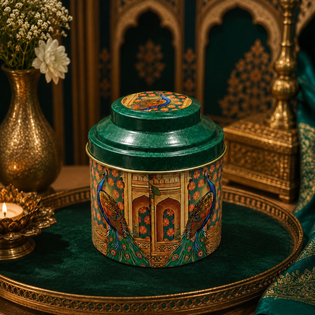Pack of 6 Peacock Printed Metal Tin Box with Lid – Premium Gift & Dry Fruit Packaging Box