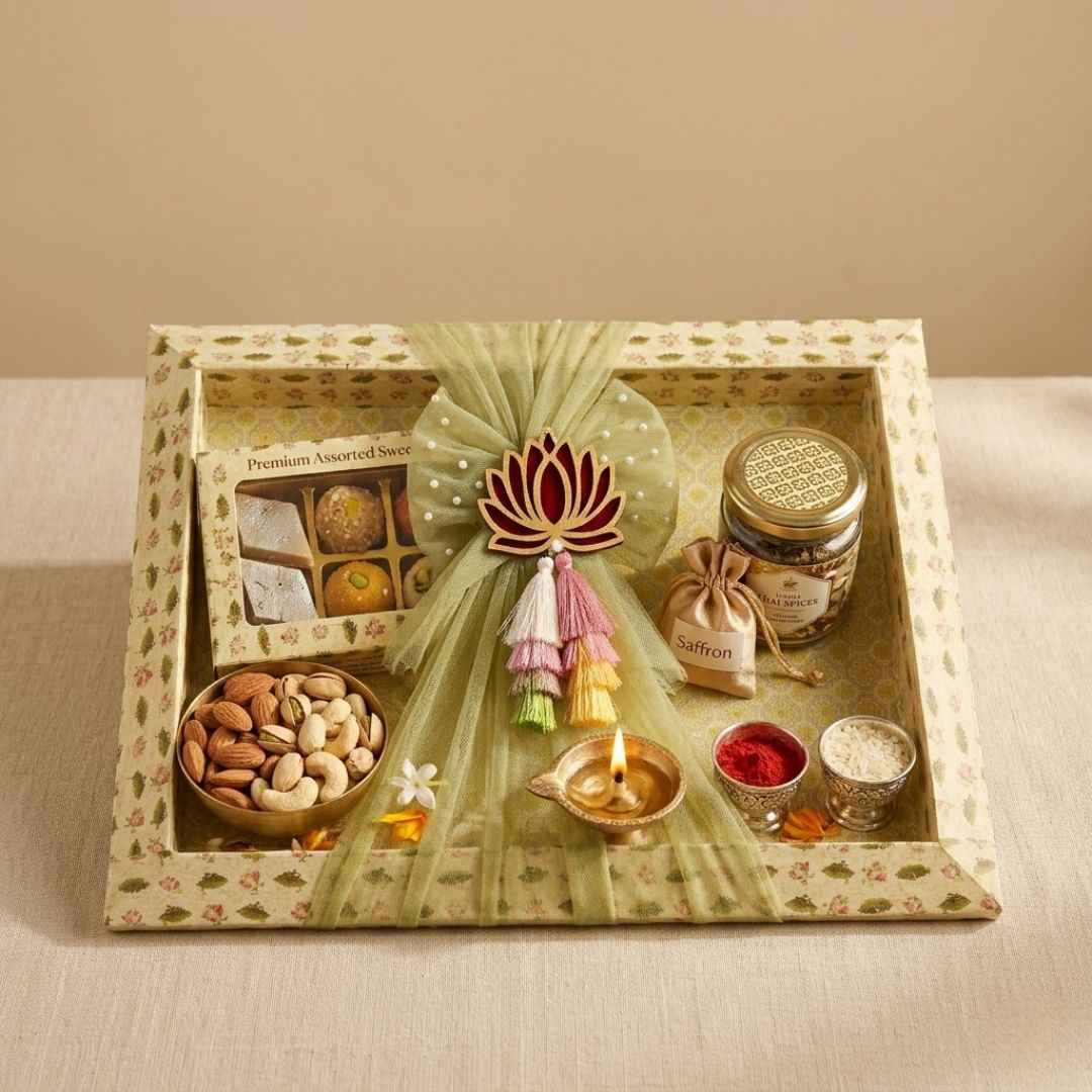 (Set of 3)Lotus Theme Decorative Gift Trays for Wedding Trousseau & Return Gift Packing (21x16 Inch)