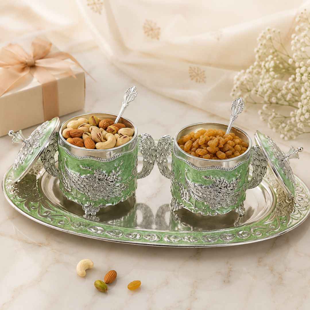 German Silver Green Peacock Container Set with Tray