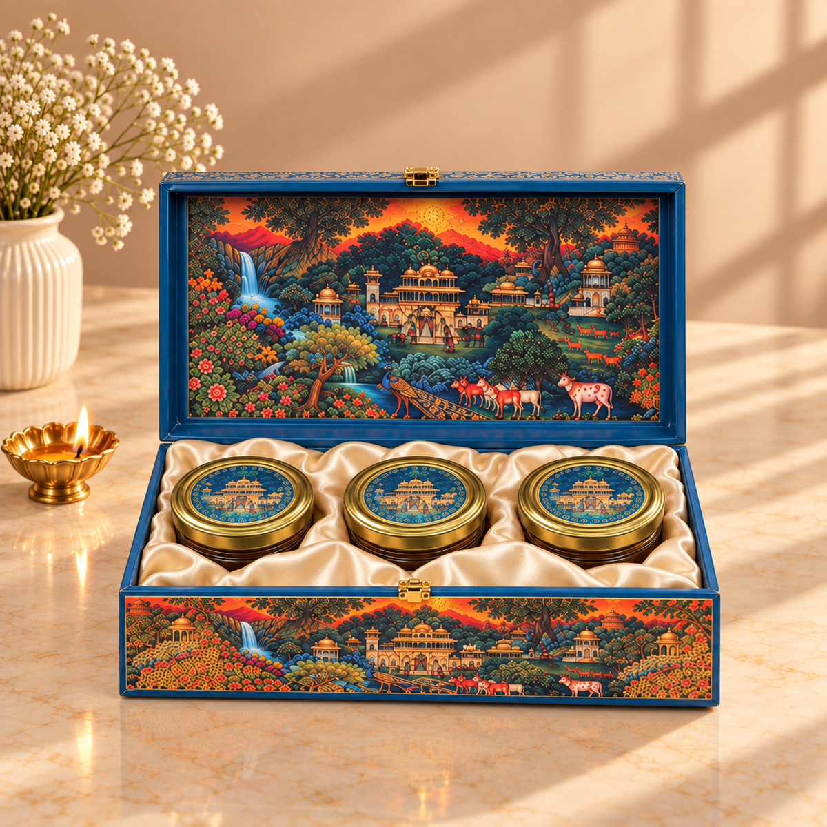 Closed 3-jar luxury festive hamper box for Diwali, wedding and corporate gifting