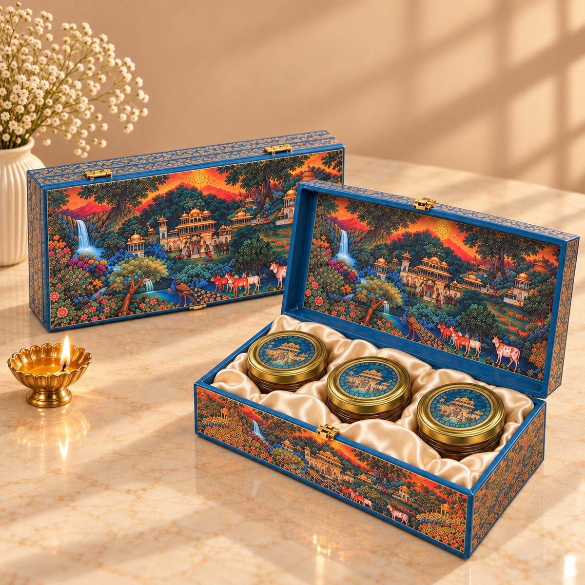 Open luxury festive hamper box with three empty jars for customized gifting