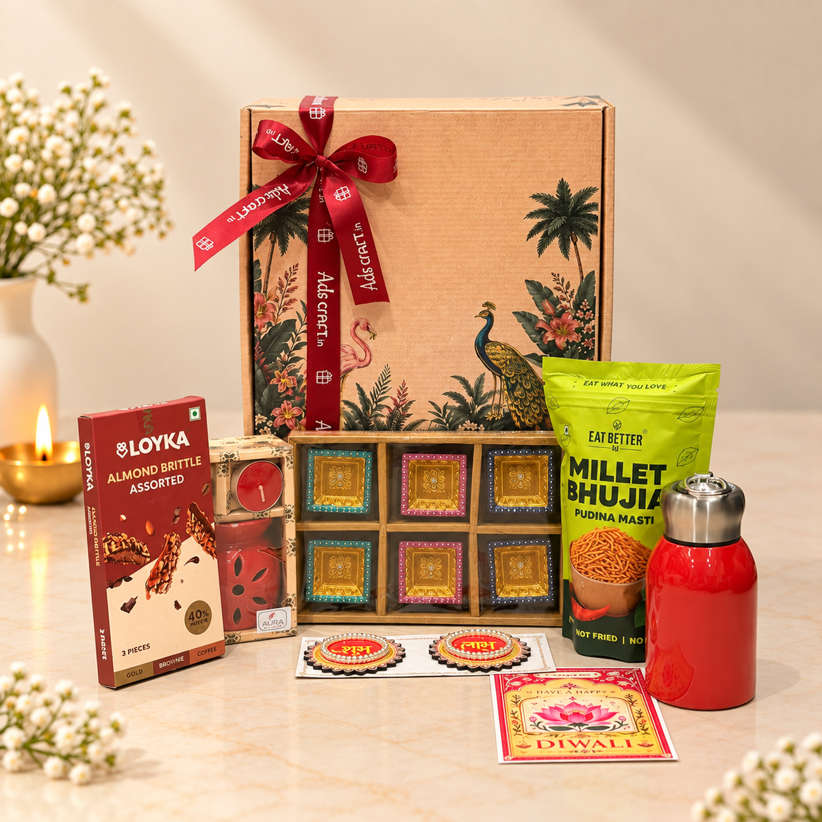 Open Peacock Celebration Diwali hamper with hot and cold flask, aroma diffuser, clay diya set and premium festive snacks
