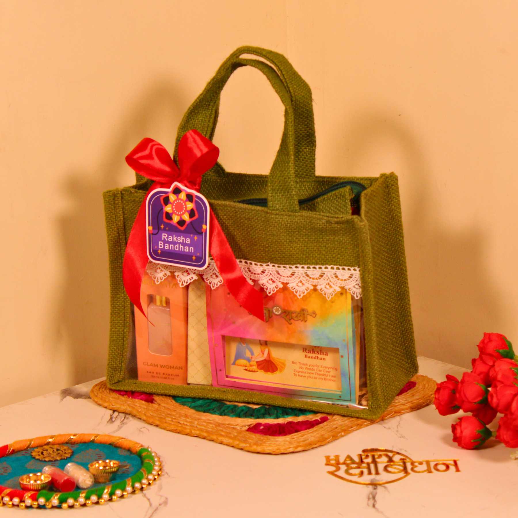 Rakhi Gift Hamper for Brother – Olive Green Jute Bag with Dry Fruits, Perfume, Rakhi & Chocolates