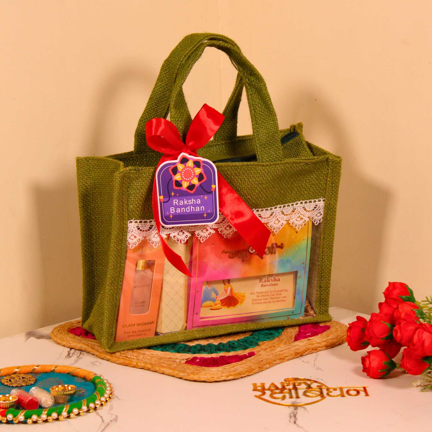 Rakhi Gift Hamper for Brother – Olive Green Jute Bag with Dry Fruits, Perfume, Rakhi & Chocolates
