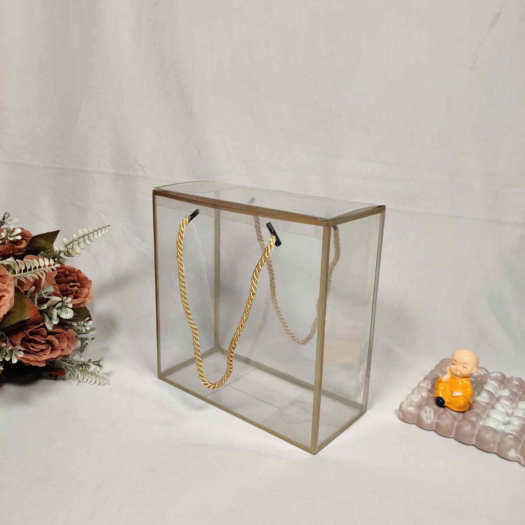 Golden Transparent Box Bag For Gift Hamper (8x8x4 inches)