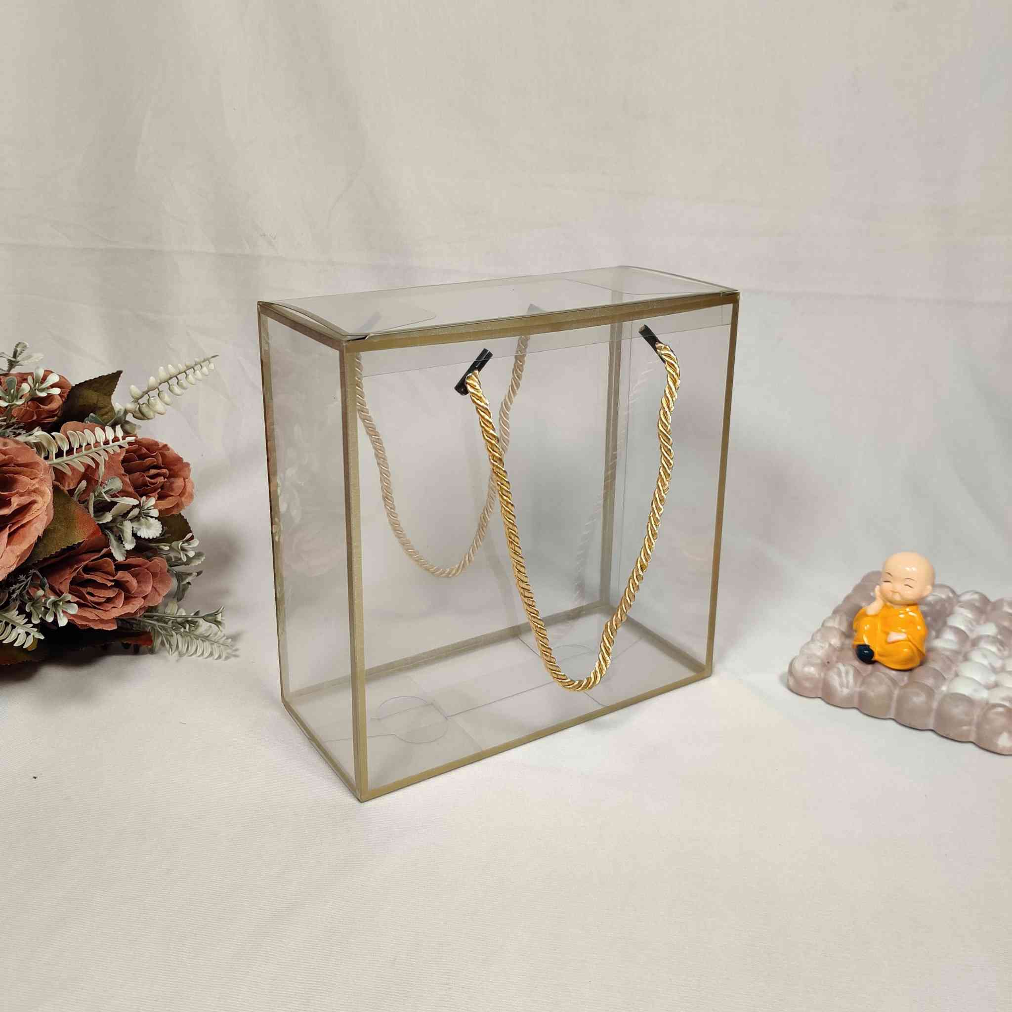 Golden Transparent Box Bag For Gift Hamper (8x8x4 inches)