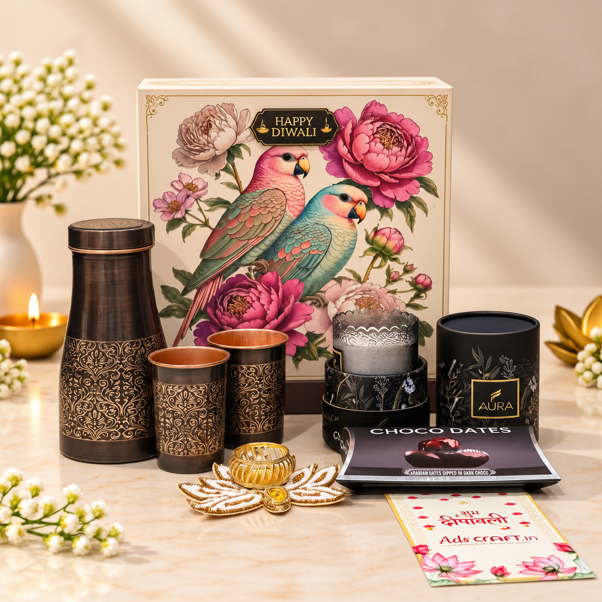 Parrot Bloom Diwali gift box with insulated flask, two premium glasses, scented candle and dark chocolate dates