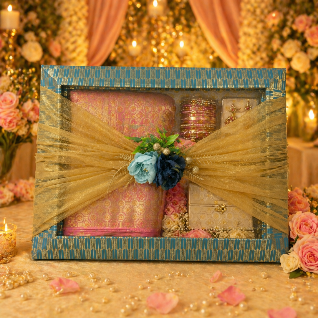 (Set of 3)Premium Blue & Gold Ready-to-Use Gift Tray  (18 & 14 Inch) – Decorative Wedding & Hamper Tray