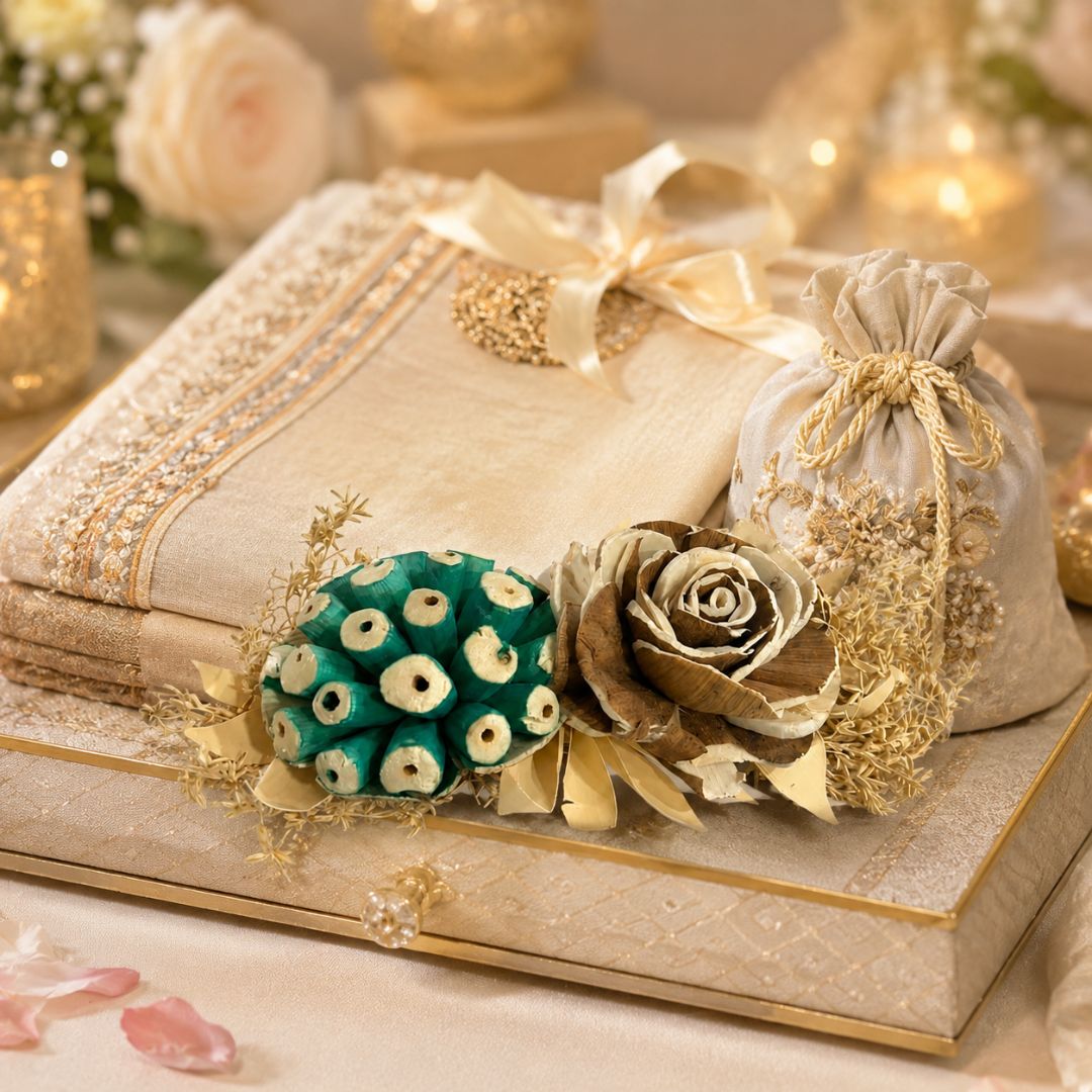 Set of 5 Teal & Brown Floral Decorative Accessories for Hamper & Trousseau Packing