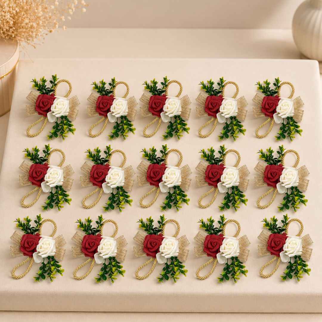Pack of 5 Maroon & White Rose Golden Ribbon Decorative Accessories