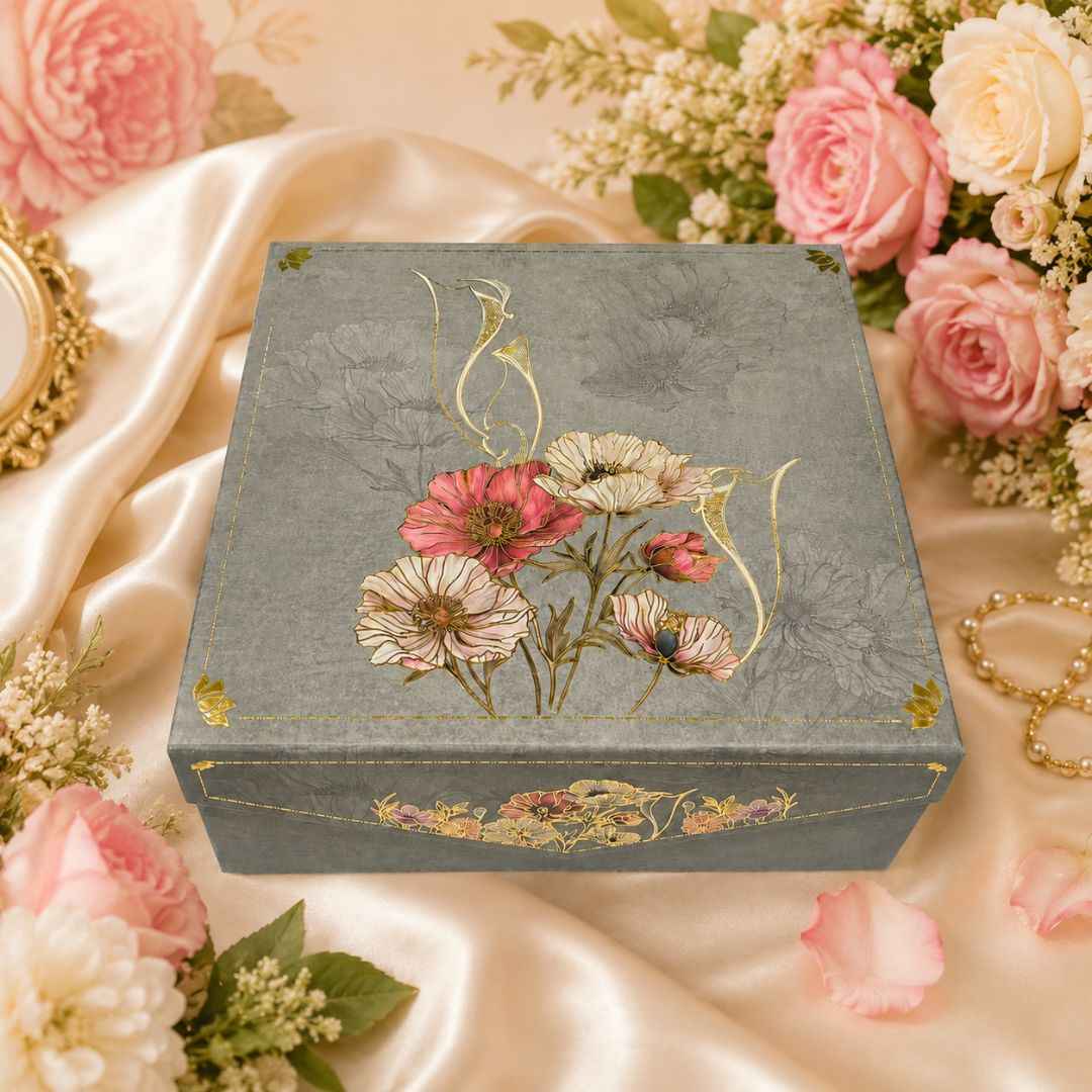 Pack of 5 Grey Floral Printed Square Gift Box – Premium Gift & Hamper Packaging Box