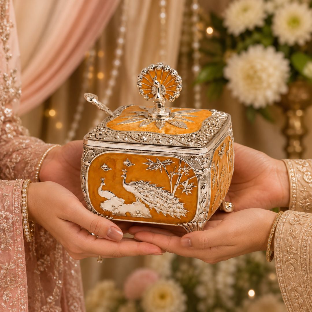 Royal Peacock German Silver Dry Fruit Box – Orange Finish (4 x 4 Inch)