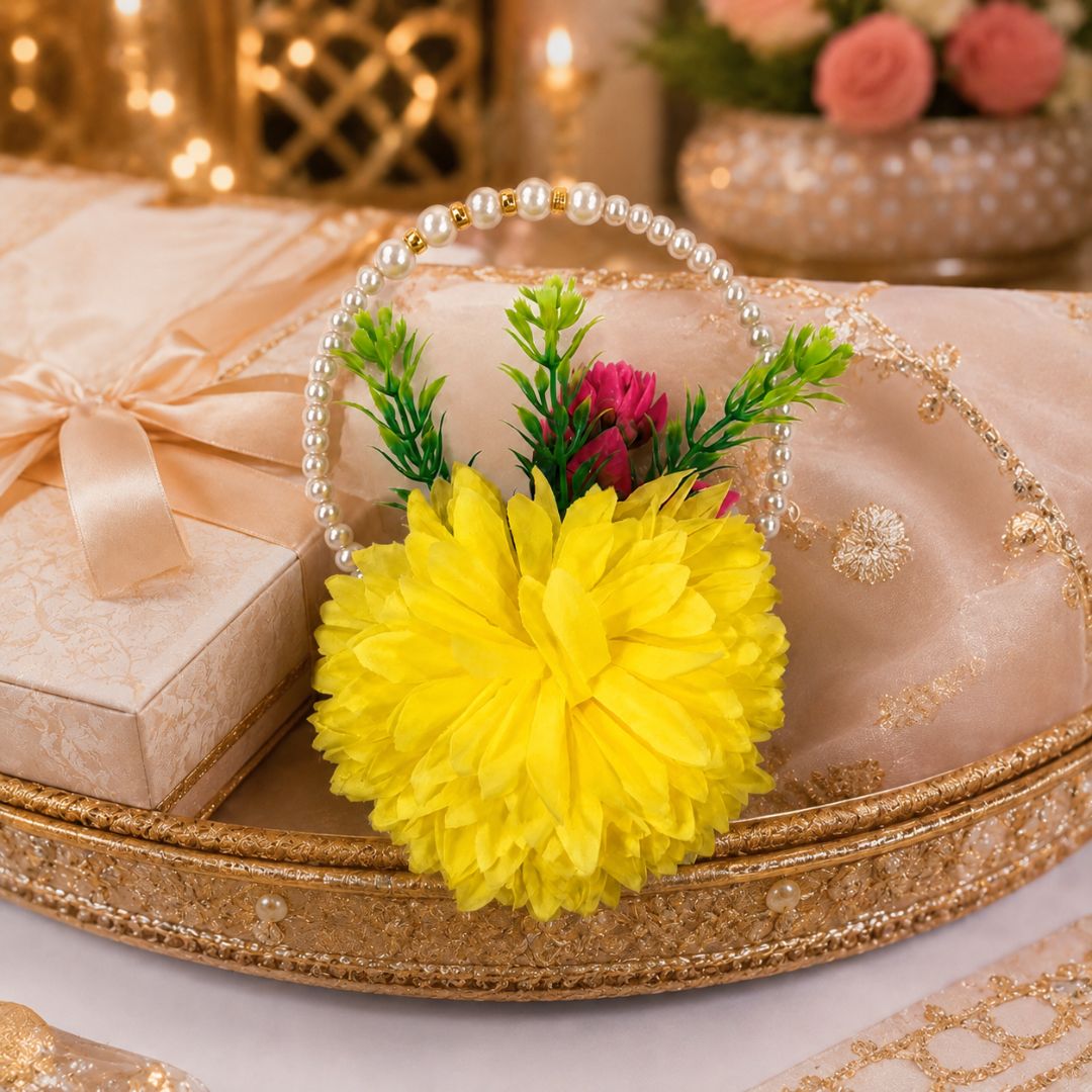 Set of 5 Yellow Pearl Handle Floral Decorative Accessories for Hamper & Trousseau Packing