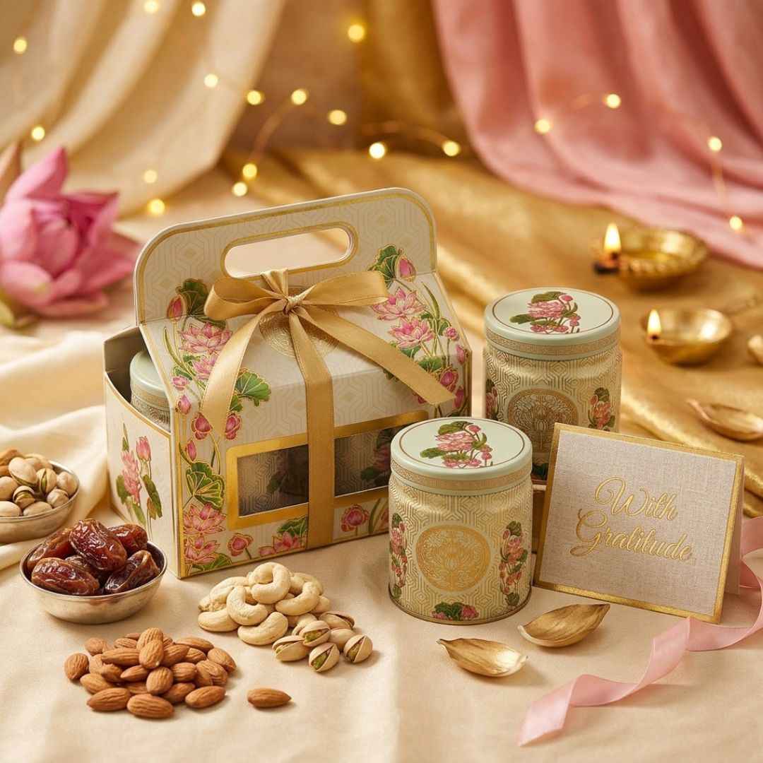Pack of 6 Cream Lotus Printed 2 Jar Tin Gift Box with Handle