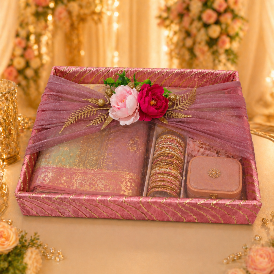 (Set of 2)Premium Pink & Gold Floral Net Gift Tray Set – Decorative Wedding Trousseau Trays - Adscraft.in