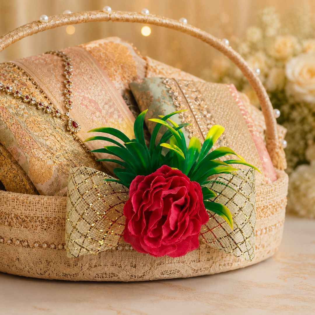 Set of 5 Red Floral Golden Bow Decoration Accessories for Hamper Packing