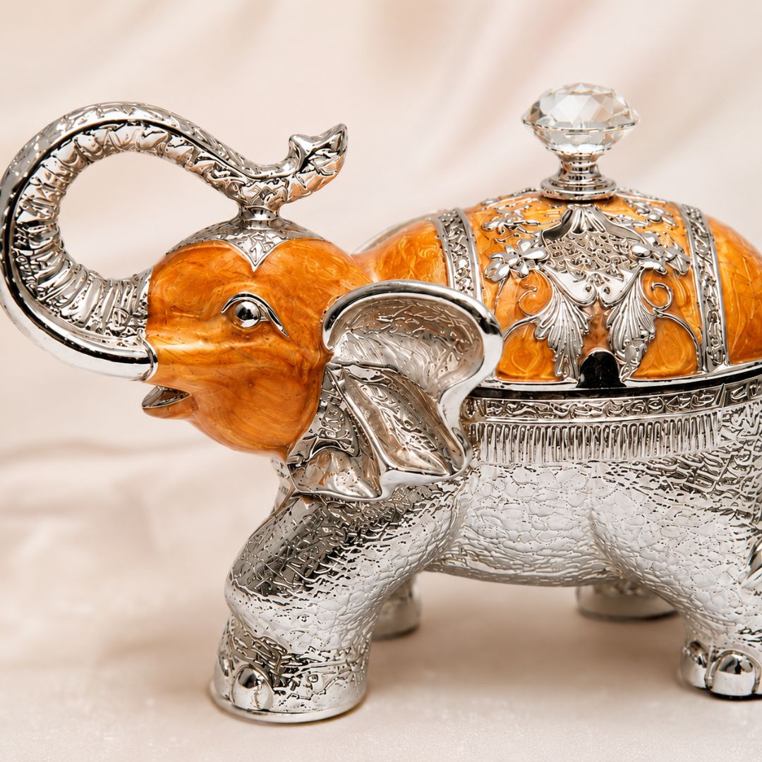 Luxury Elephant Shape Dry Fruit Container with Lid – Silver & Orange Finish (8 Inch)