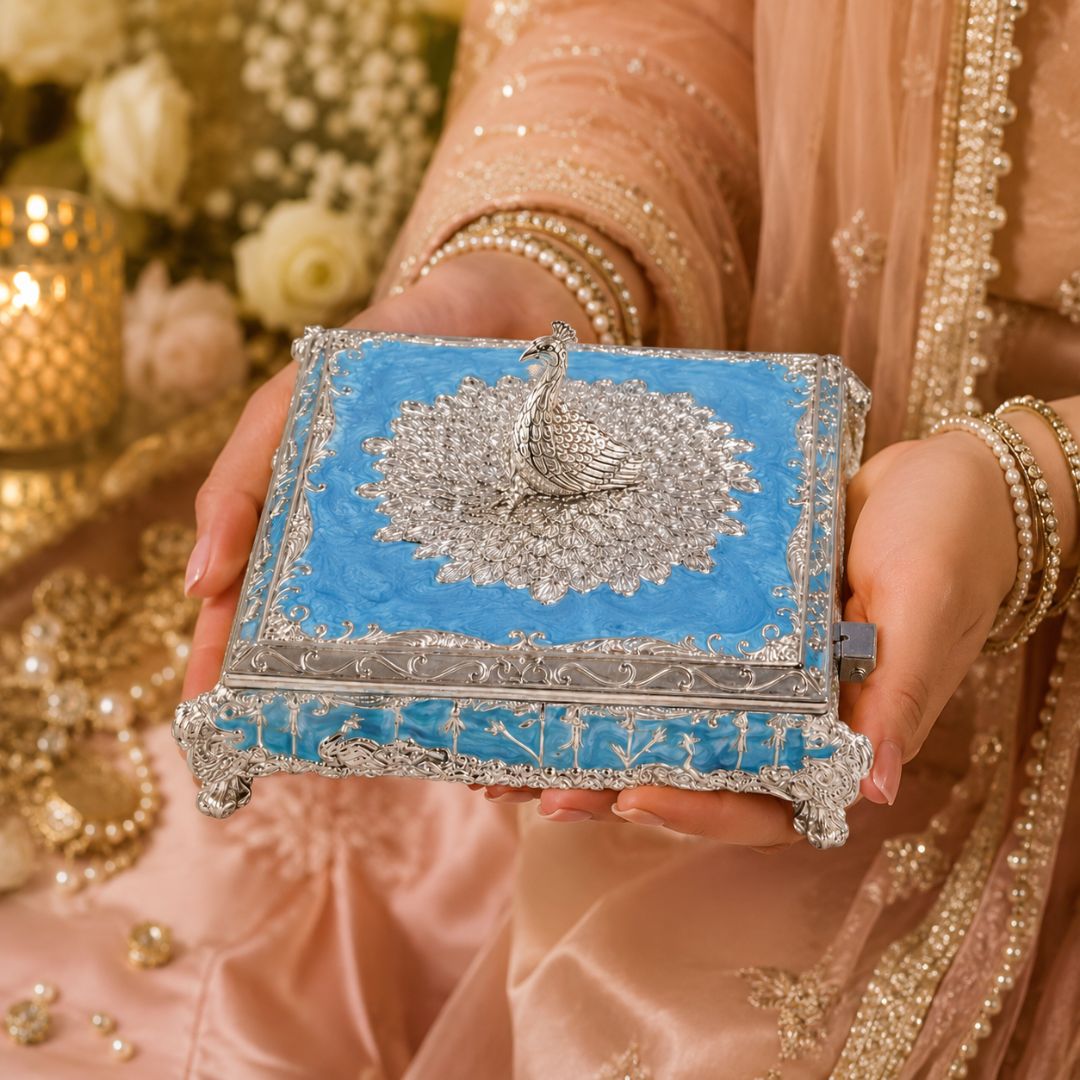 Premium German Silver Peacock Sweet & Dry Fruit Box with Blue Enamel Finish (5 x 5 x 2 Inch)