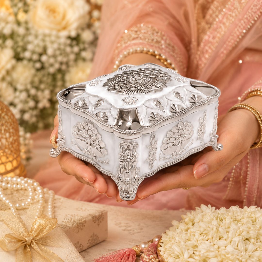 Premium German Silver Decorative Box with Velvet Lining – 4 x 3 Inch Elegant Storage & Gifting Box