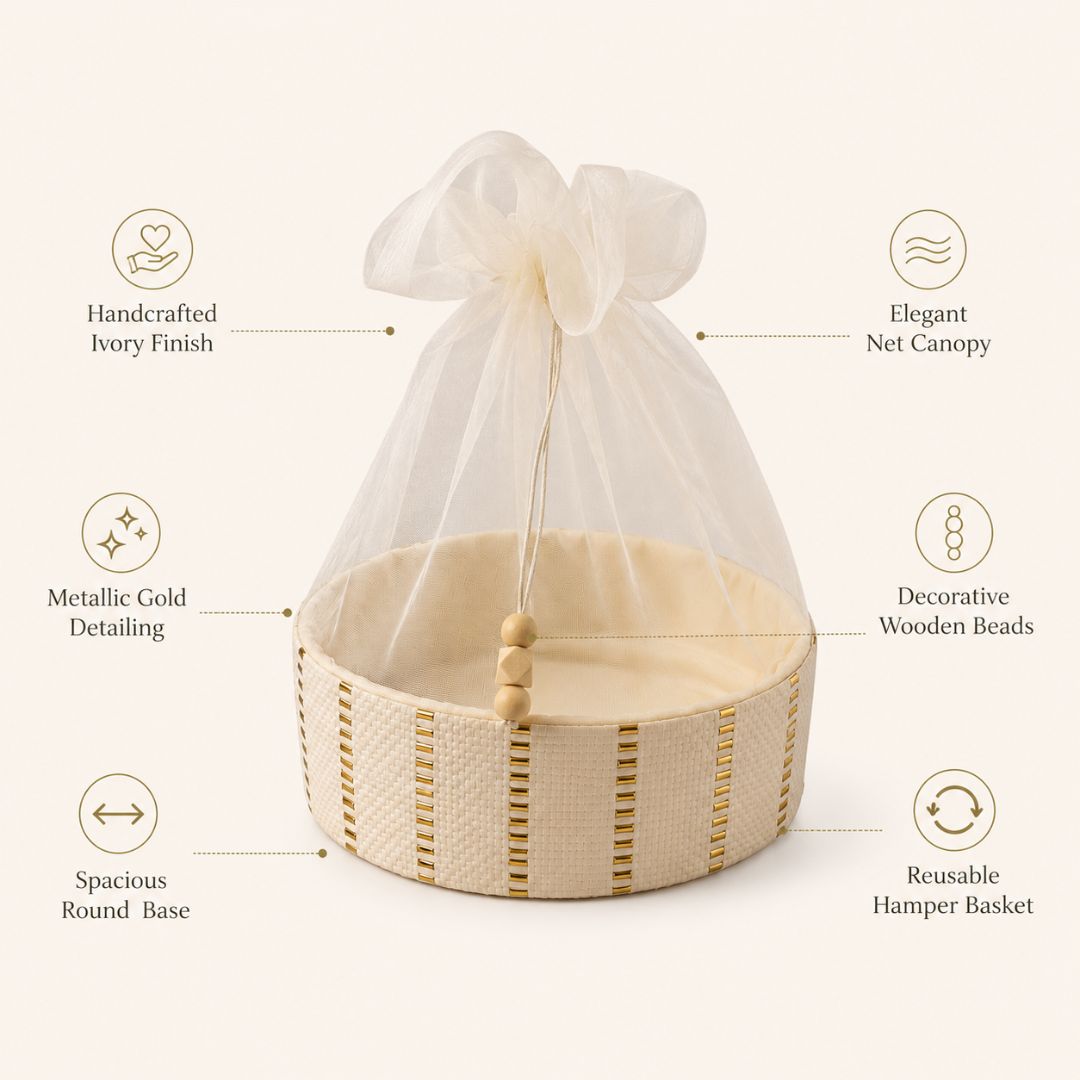 Set of 2-Ivory Gold Round Net Hamper Basket