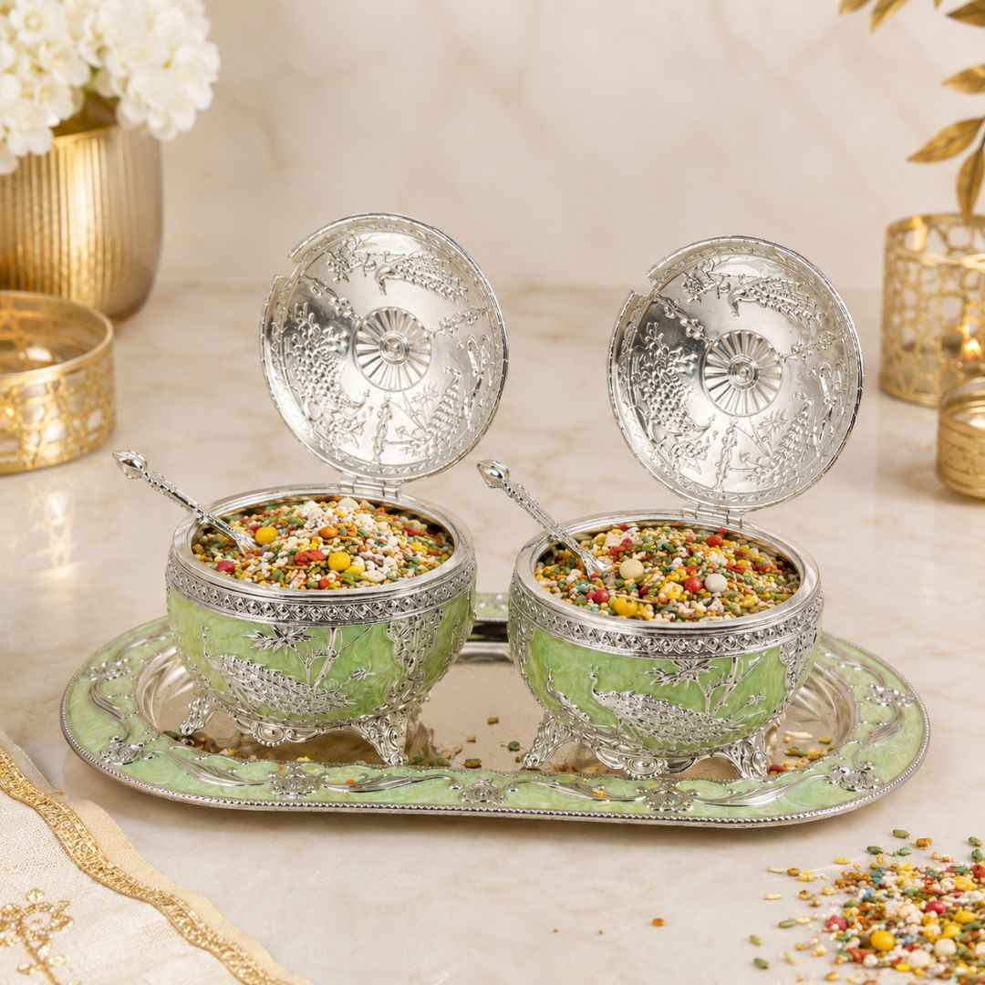 German Silver Green Peacock Serving Set with Spoons