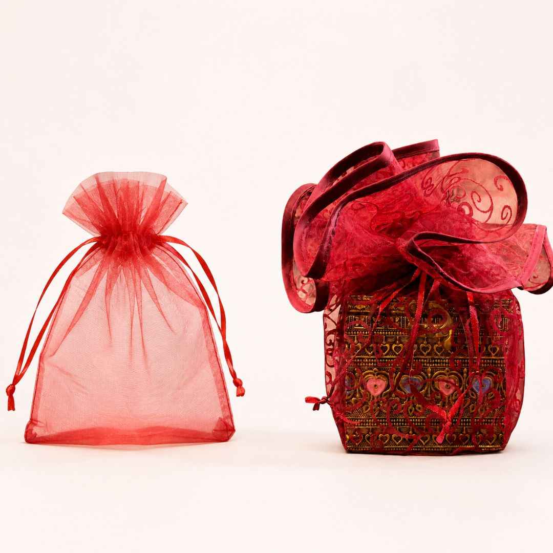 Red Organza Potli Gift Bag Pack of 5 with Golden Base
