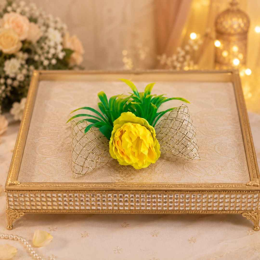 Set of 5 Yellow Flower Decorative Accessories with Golden Net for Hamper & Trousseau Packing