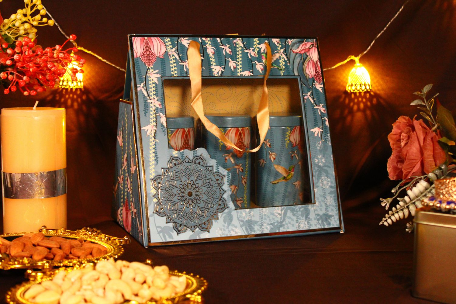 Blue Dry-Fruit Hamper Box 3 Tins For Gift Hamper & Diwali Hamper (With Dryfruits)