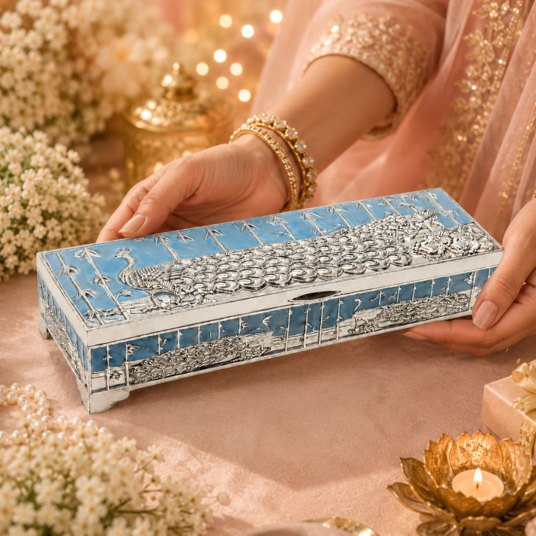 Premium German Silver Peacock Dry Fruit Box with Blue Enamel Finish (9 x 3.5 x 2 Inch)