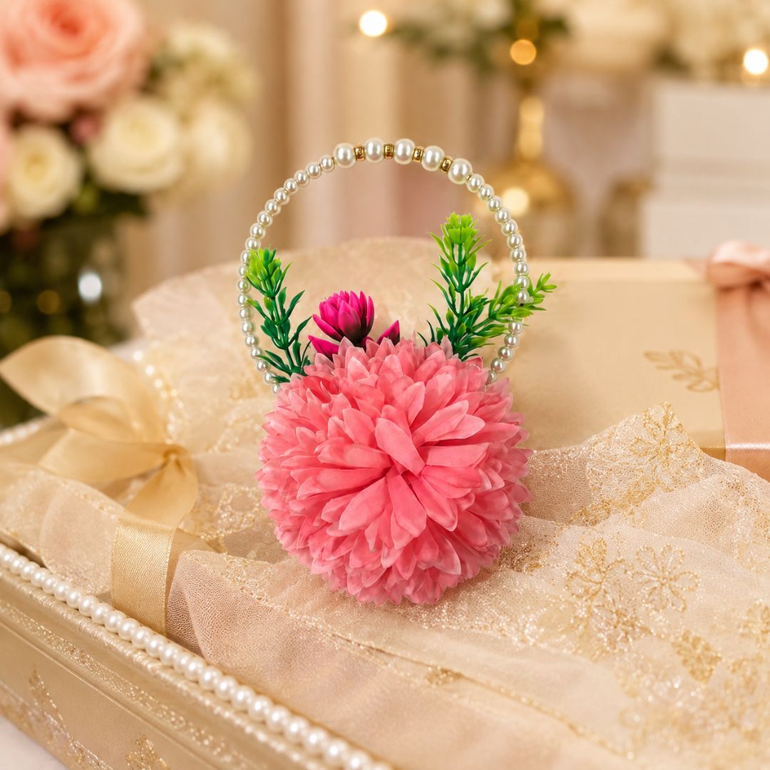Set of 5 Coral Pink Pearl Loop Floral Decorative Accessories for Hamper & Trousseau Packing