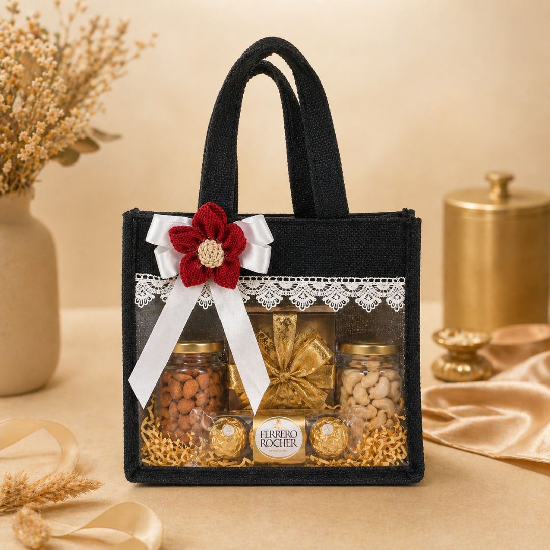 (Set of 5)Premium Black Jute Gift Basket with Transparent Window & Lace Decor | (8 x 10 Inch Sizes)