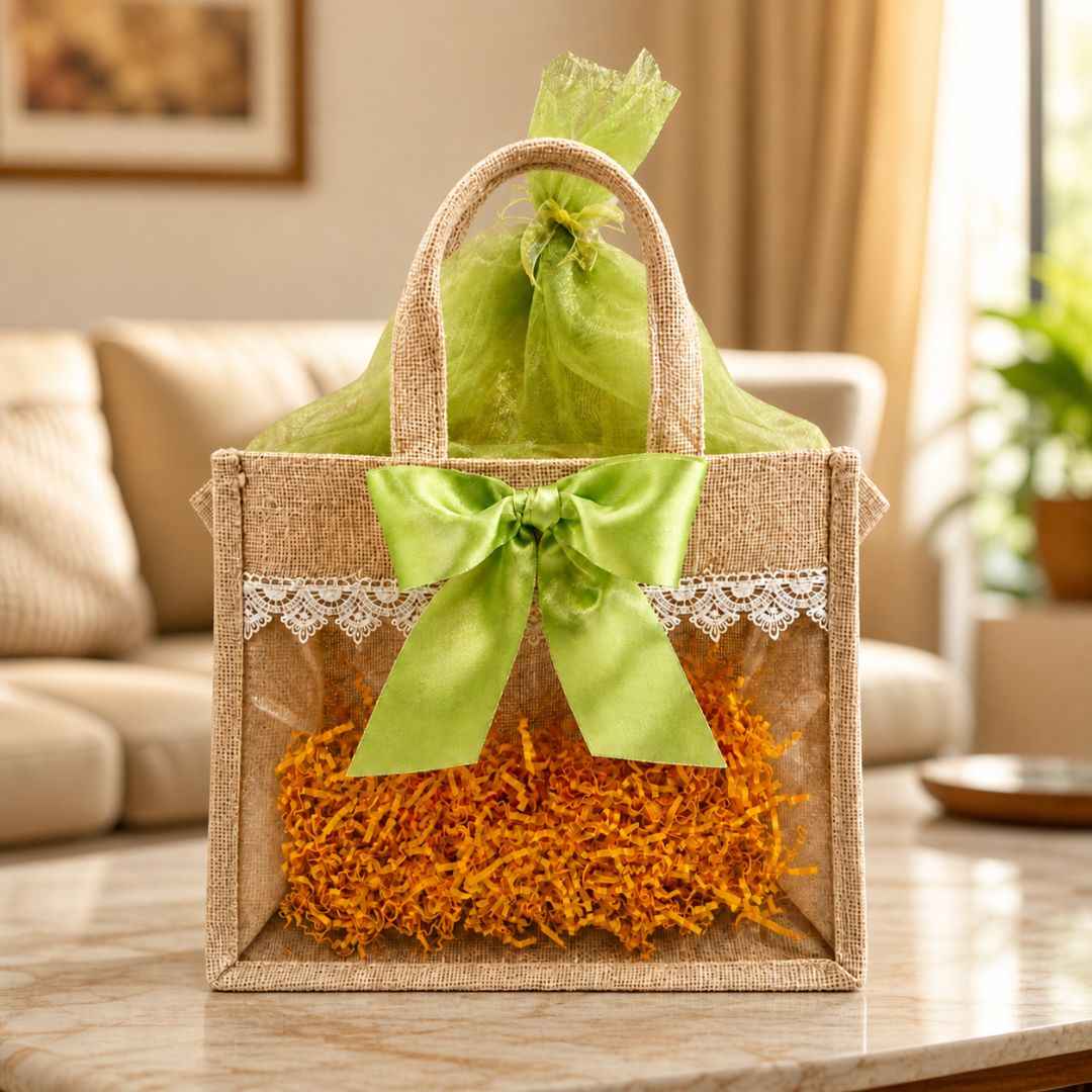 (Set of 5)Premium Jute Gift bags with Transparent Window & Green Bow – 12 x 15 Inches