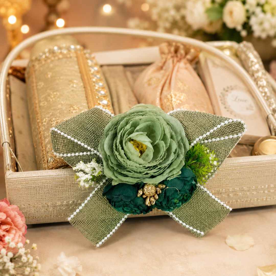 Set of 5 Sage Green Floral Decorative Accessories for Hamper Decoration & Trousseau Packing