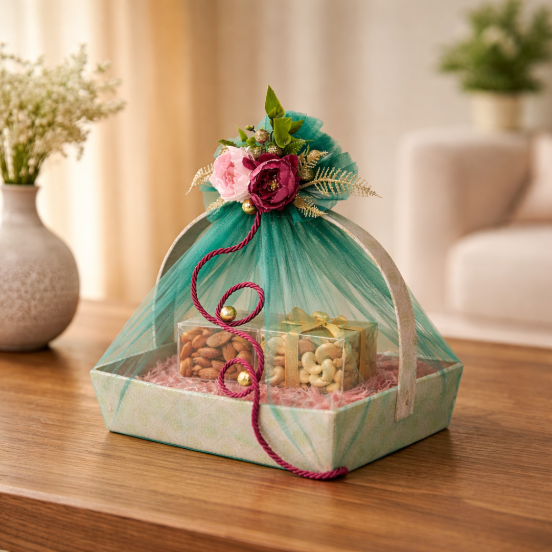 (Set of 3)Premium Mint Green Net Gift Basket with Floral Decor & Handle – 11 x 15 Inches