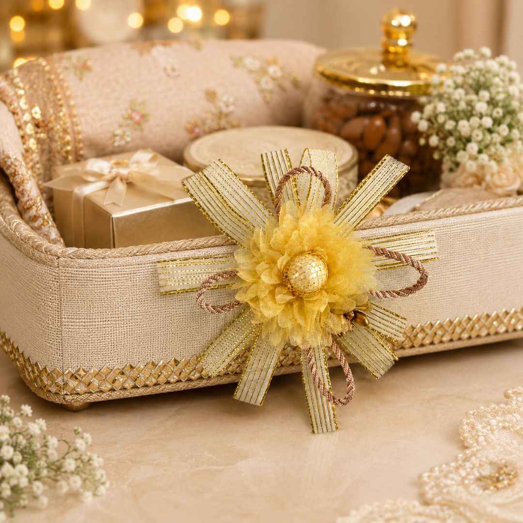 Set of 5 Golden Ribbon Floral Decorative Accessories for Hamper & Trousseau Packing