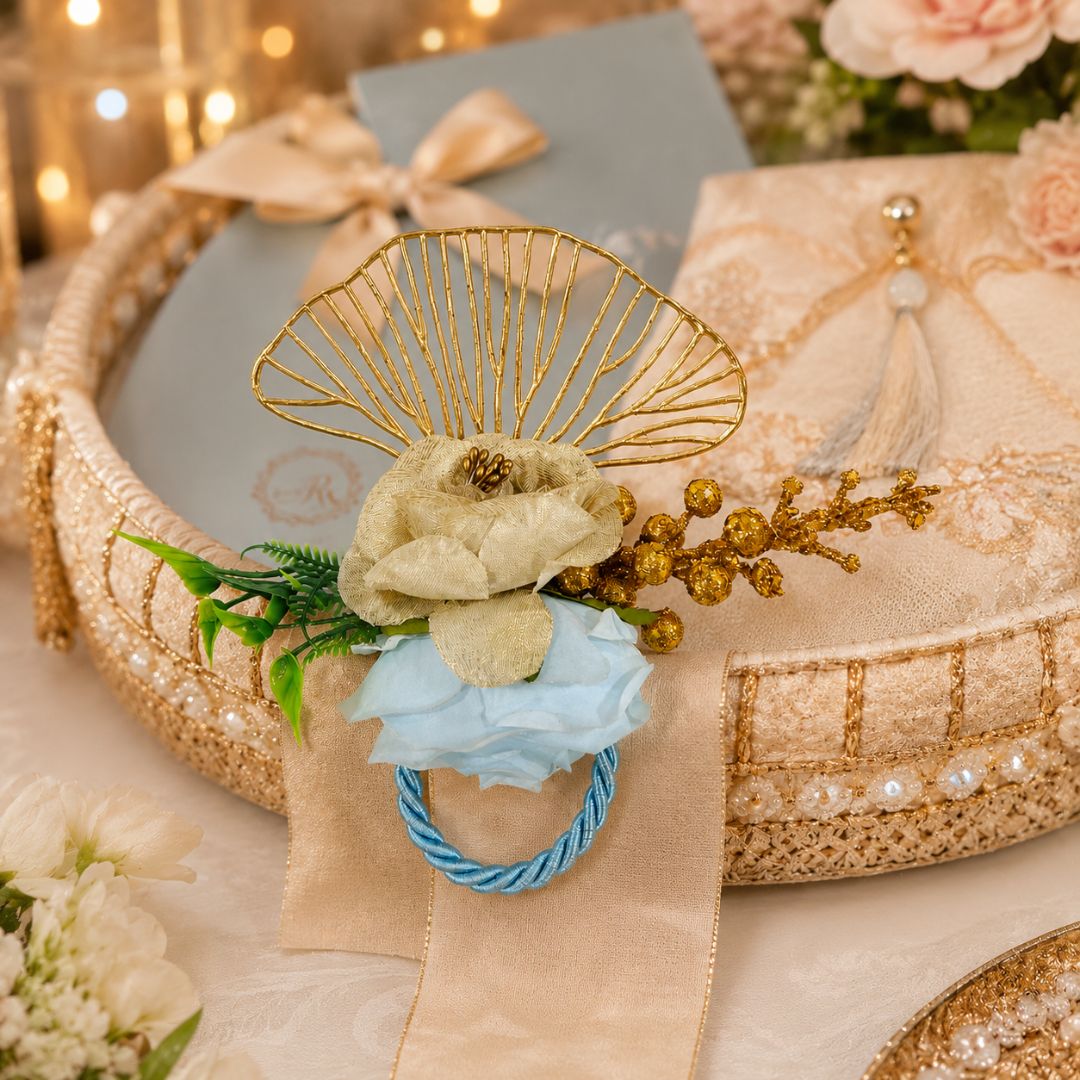 Set of 5 Blue & Gold Floral Decorative Accessories for Hamper & Trousseau Packing