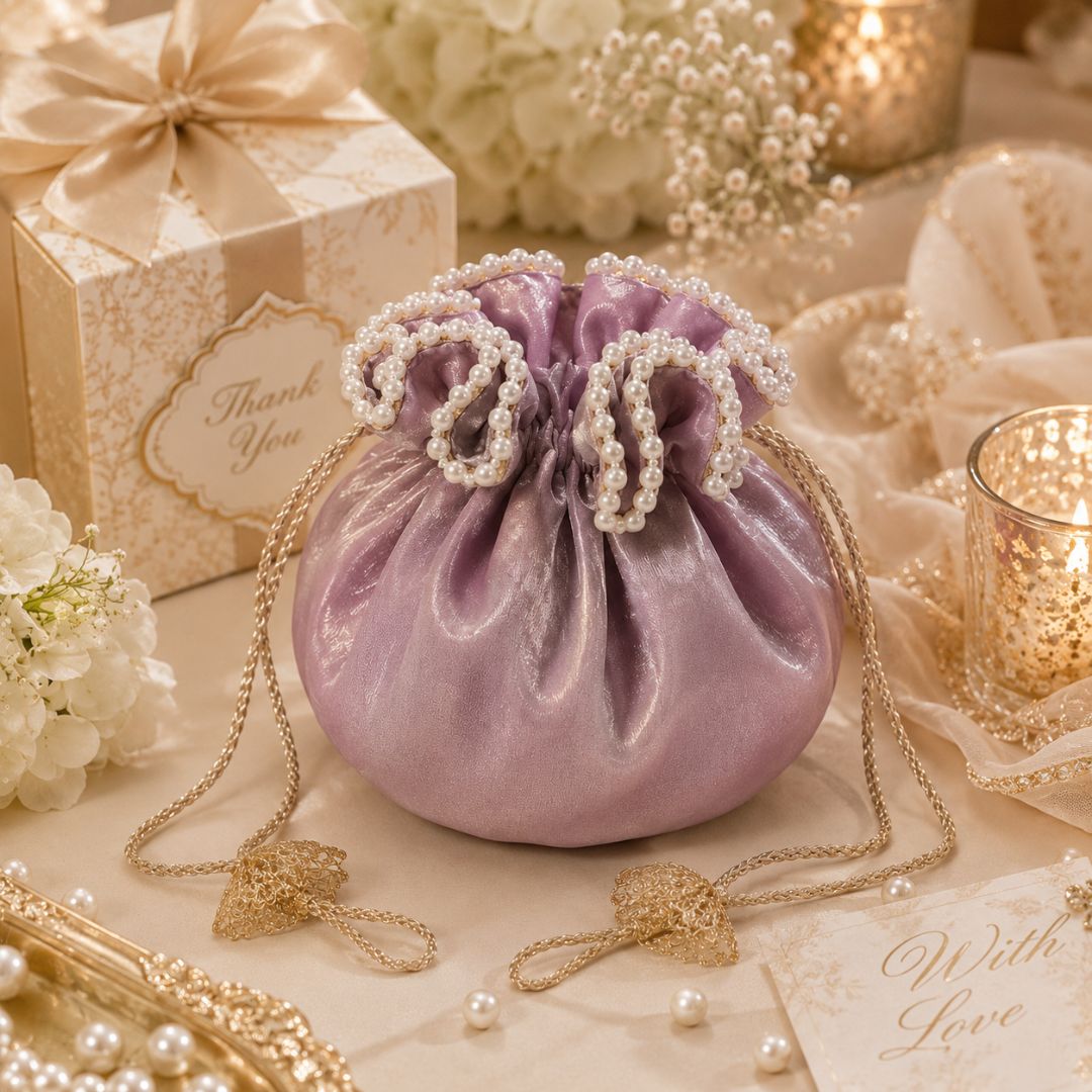 Pack of 5 -Purple Pearl Loop Drawstring Potli Bag